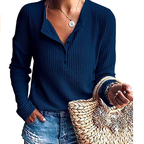 Tops - Blue Waffle Knit Button Up Henley, M